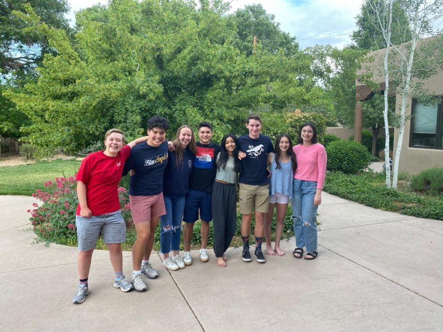 Academys Mock Trial team is all smiles after hearing the results of the National Tournament.

From left to right: Rosa Bieber-Stanley 21, Noah Vigil 21, Megan Blackwell 21, Roman Martinez 21, Reeya Patel 21, Daniel Shapiro 21, Marly Fisher 23(timekeeper), Mason Porch (La Cueva courtroom artist)

(all are vaccinated)