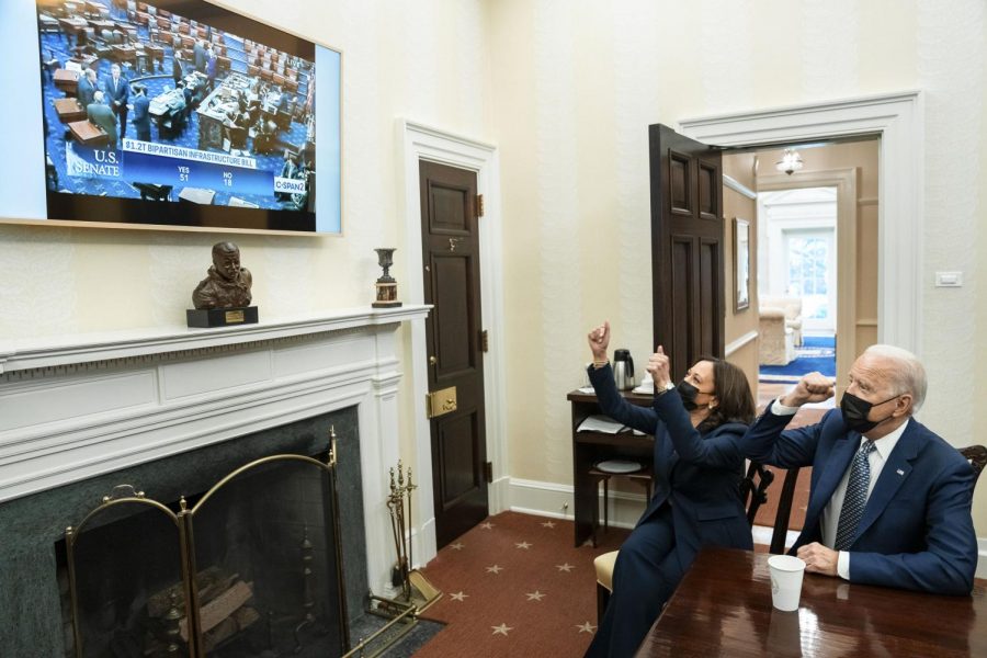 President Biden and Vice President Harris watch in excitement as the Senate passes the bipartisan infrastructure bill on August 10, 2021. 