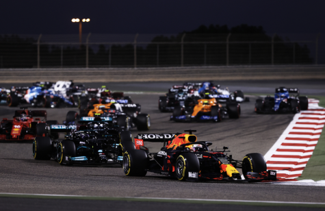 Max Verstappen leads Lewis Hamilton through a chicane in the Bahrain Grand Prix, the first race of the season