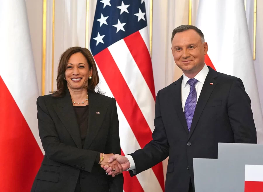 US Vice President Kamala Harris and Polish President Andrzej Duda in Warsaw, Poland, March 10, 2022. Harris is on a three-day trip to Poland and Romania for meetings about the war in Ukraine.
