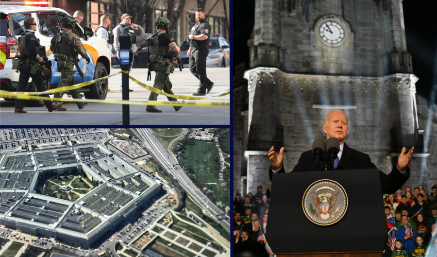 (Top left): The scene of the recent Louisville bank shooting, Michael Clevenger/AP. 
 (Bottom left): The Pentagon, Daniel Slim/AFP via Getty Images. 
 (Right): President Biden in Ballina, Ireland, Kenny Holston/The New York Times