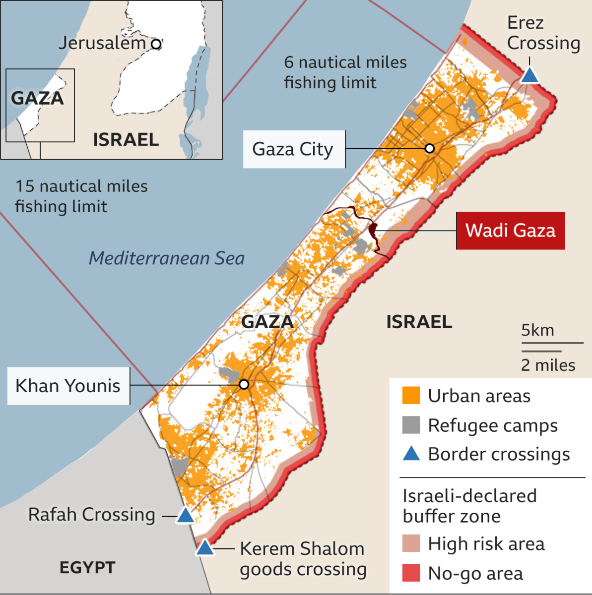 A map of the Gaza Strip, including current urban areas, high risk areas, and border crossings. 